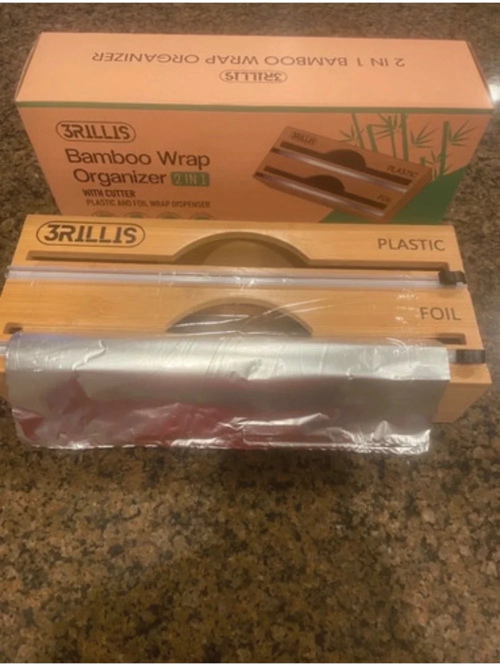 3Rillis Bamboo Wrap Organizer 2-in-1 Plastic and Foil Wrap Dispenser